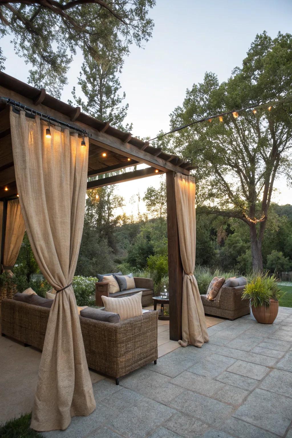 Outdoor comfort with burlap drapes on the patio.