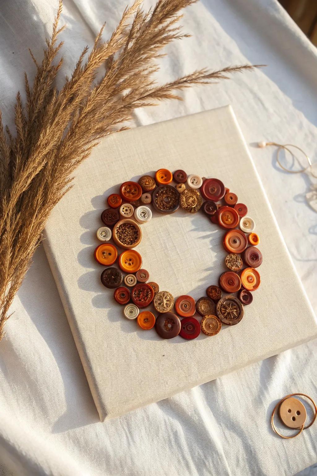 Celebrate the season with this enchanting autumn button wreath—where simplicity harmonizes with natural allure.