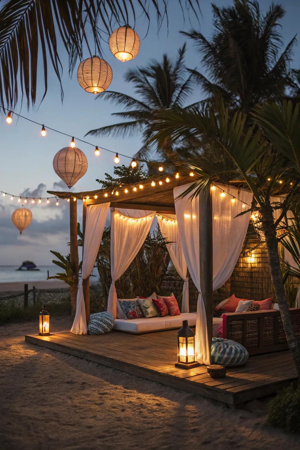 An enchanting cabana featuring decorative lamps for enhanced ambiance.