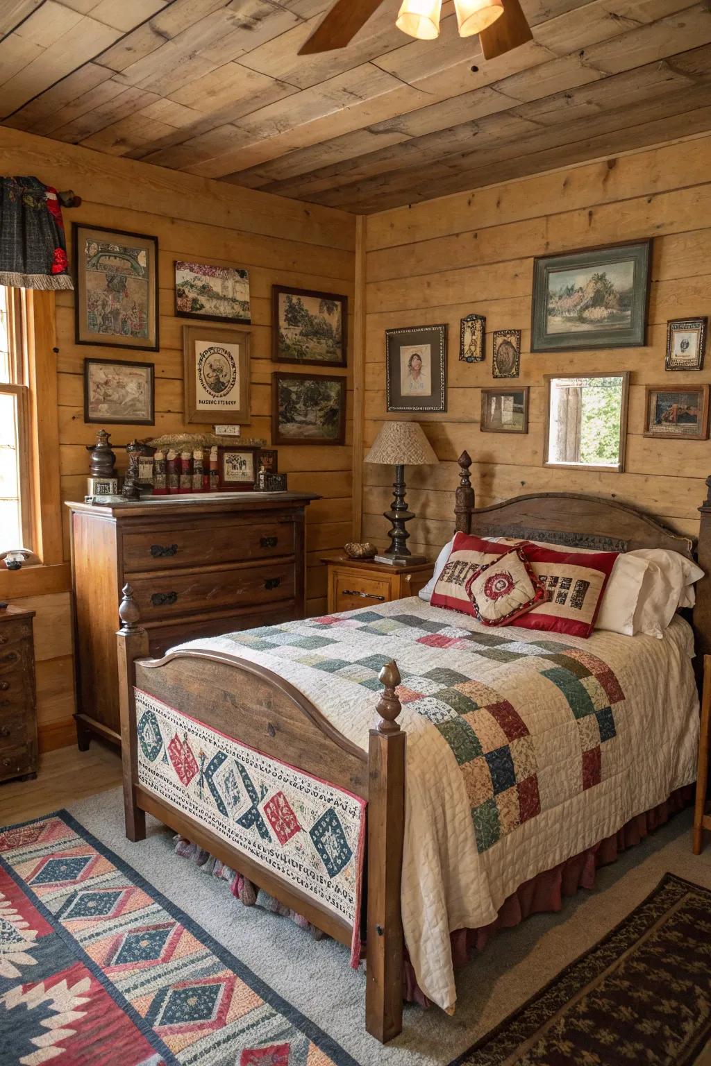A cabin bedroom with vintage decorations and accessories.