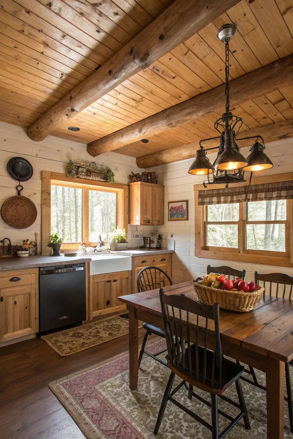 A wooden plank overhead surface introduces depth and warmth to a log cabin kitchen.