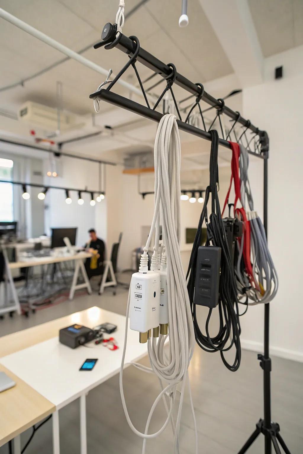 Suspension rack repurposed for cable storage.