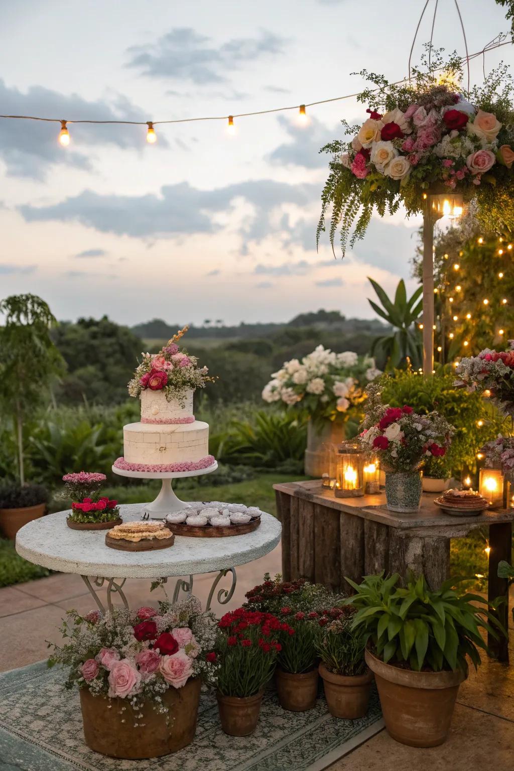 A cake display encircled by flora elements, erecting a whimsical and enchanting atmosphere.