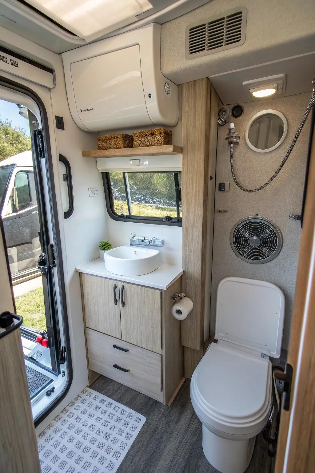 An efficient ventilation system in a camper van bathroom.