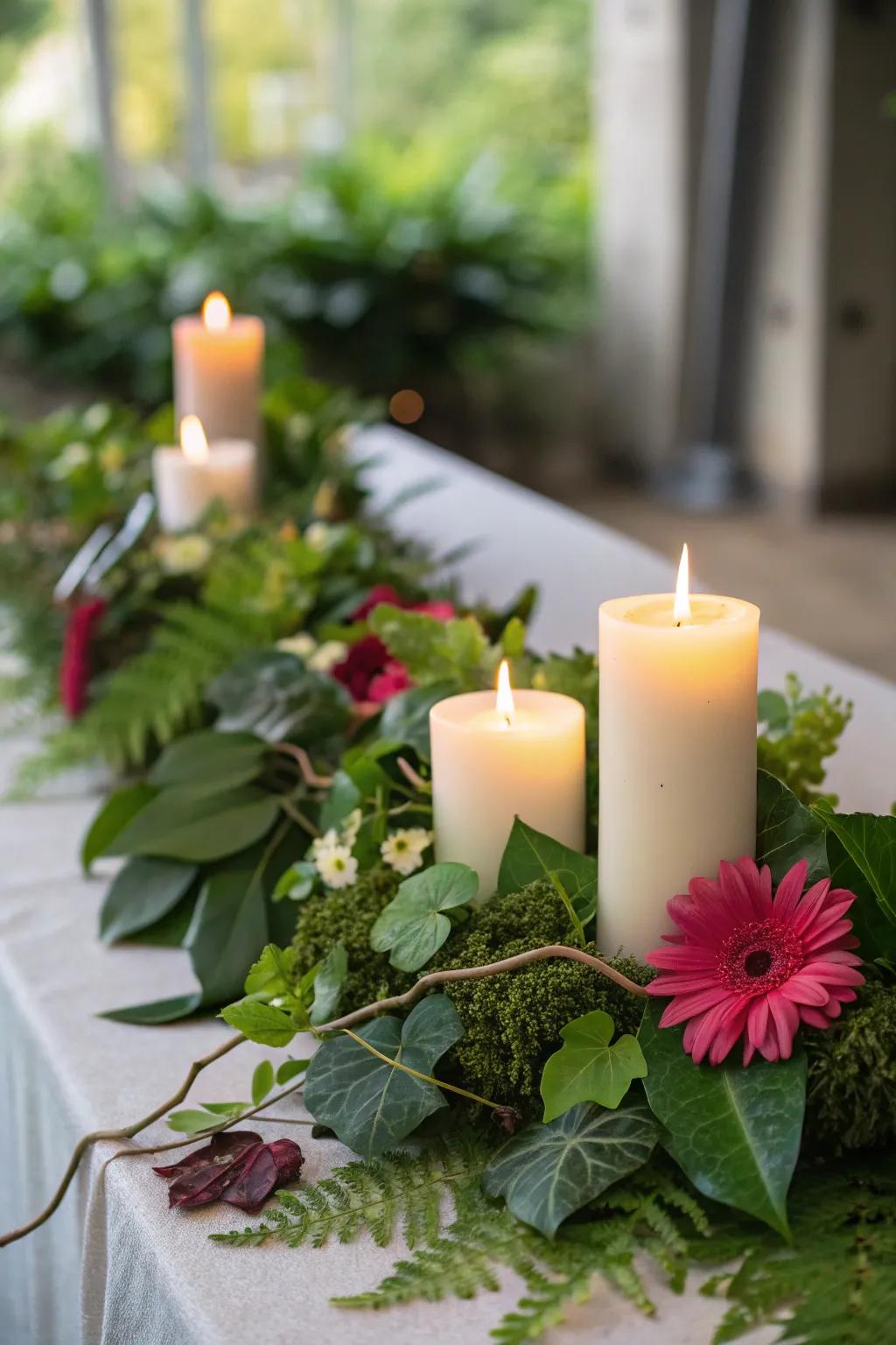 Candles nestled within lush verdure for a vibrant ambiance.