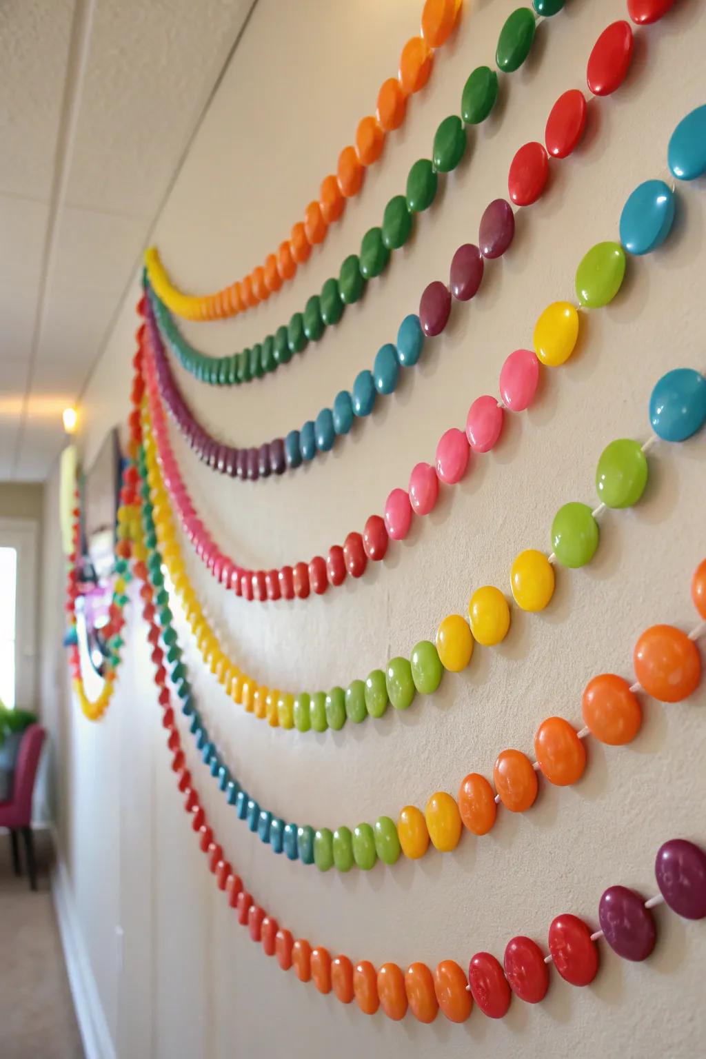 A confectionery button festoon introduces playful reminiscence to the decor
