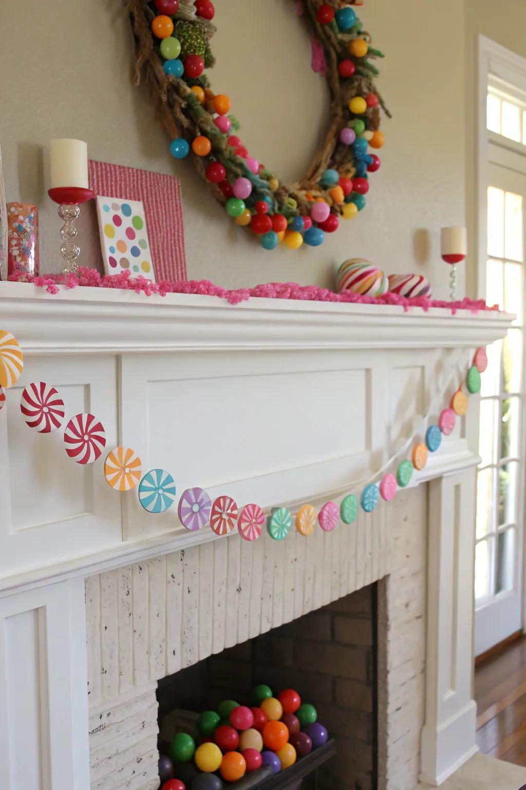 A candyland wreath injects an eccentric flair to the mantelpiece.