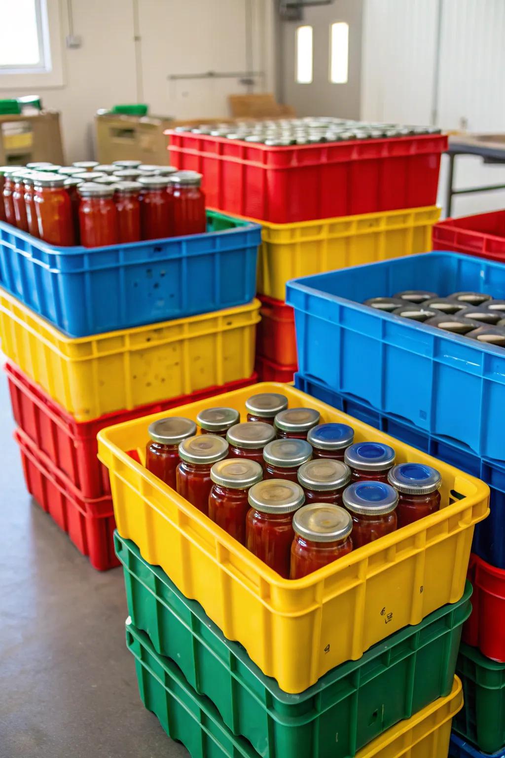 Organize and move easily with stackable bins for your jars.