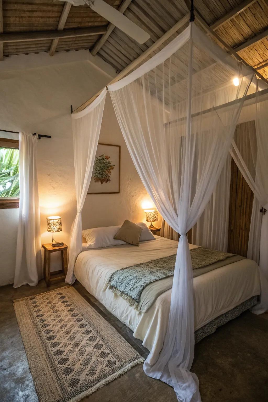 A bed corona introduces a regal impression devoid of a complete four-poster structure.