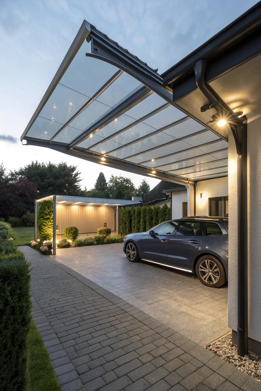 A carport with a retractable roof, delivering flexibility and modern convenience.