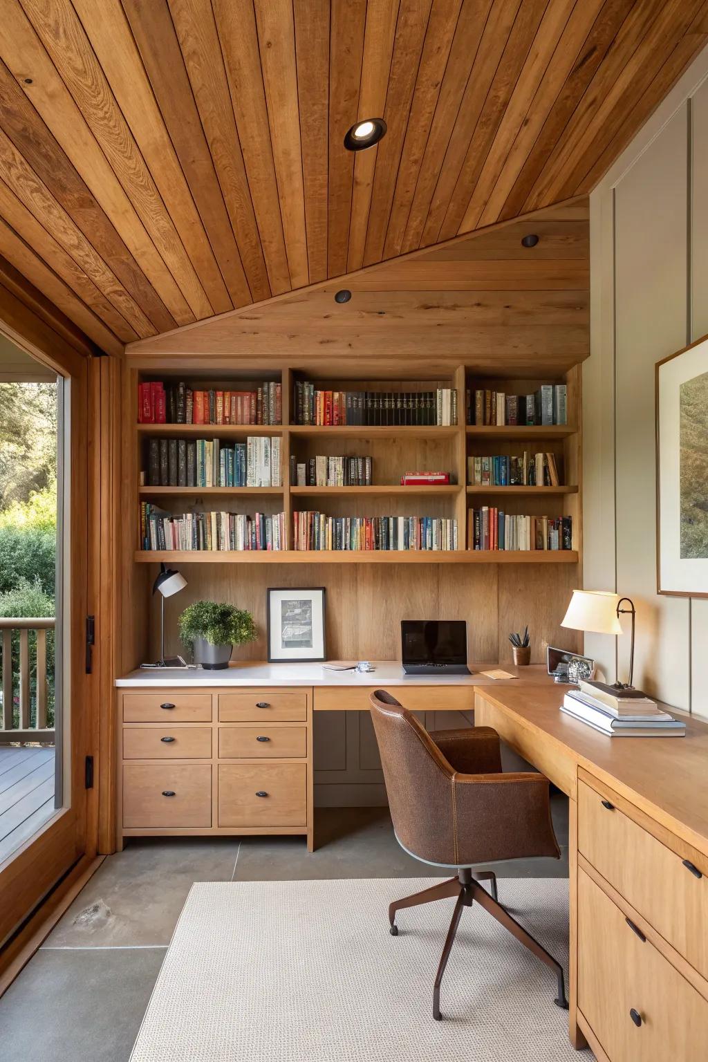 A home office designed with a cedar ceiling for a soothing work environment.