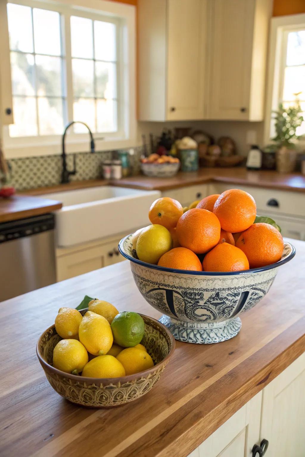 Introduce a burst of color with a bowl of fresh fruit.