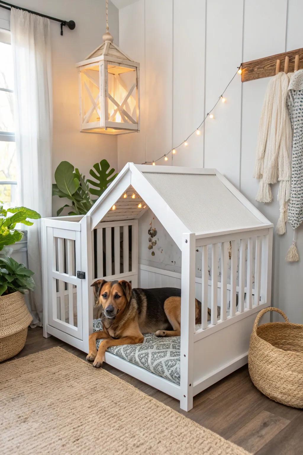 Transform a baby crib into a functional dog kennel.