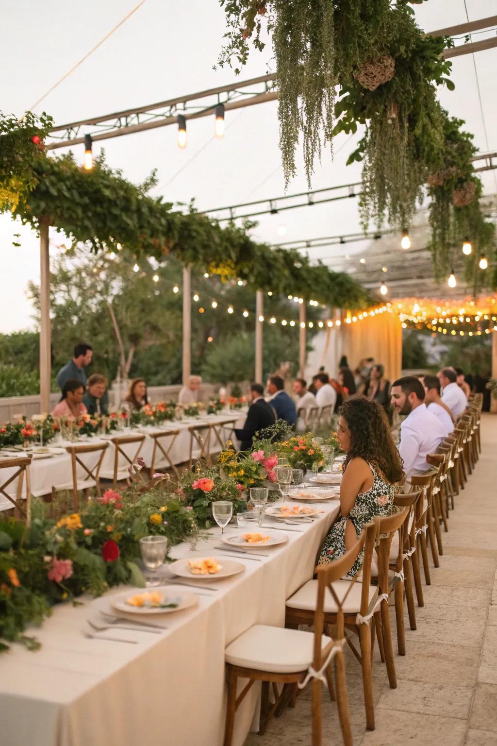 Green decorations for long wedding tables.