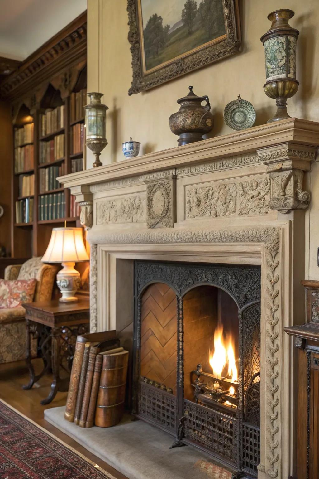 Antiquated components enveloping the hearth impart chronological allure and individuality.