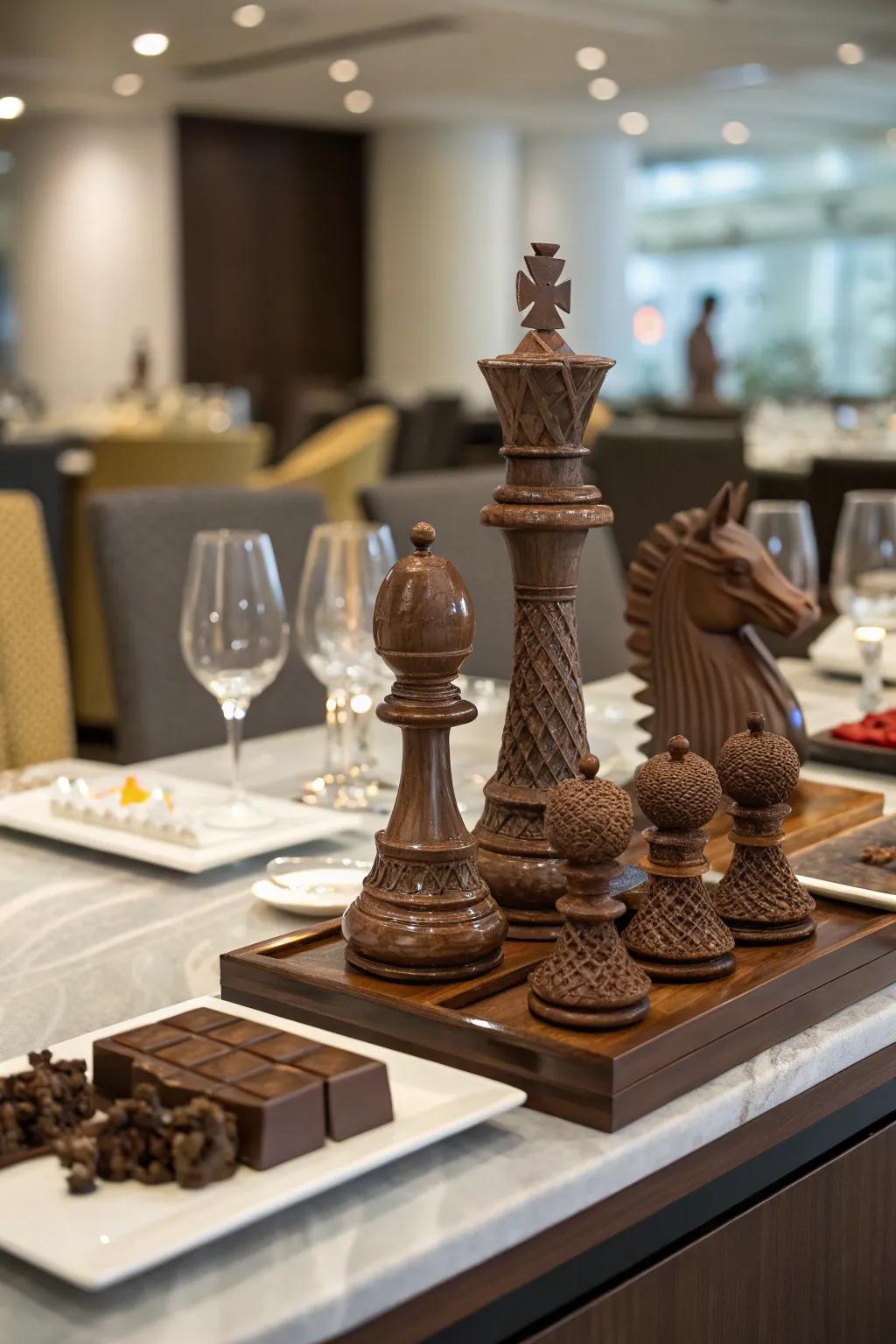 Striking chocolate sculptures functioning as both art and dessert.
