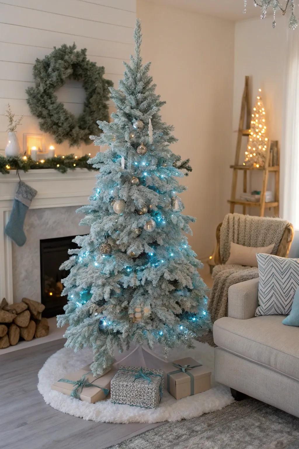 A serene Christmas tree showcasing frosted branches and icy azure lights, crafting a magical winter wonderland indoors.