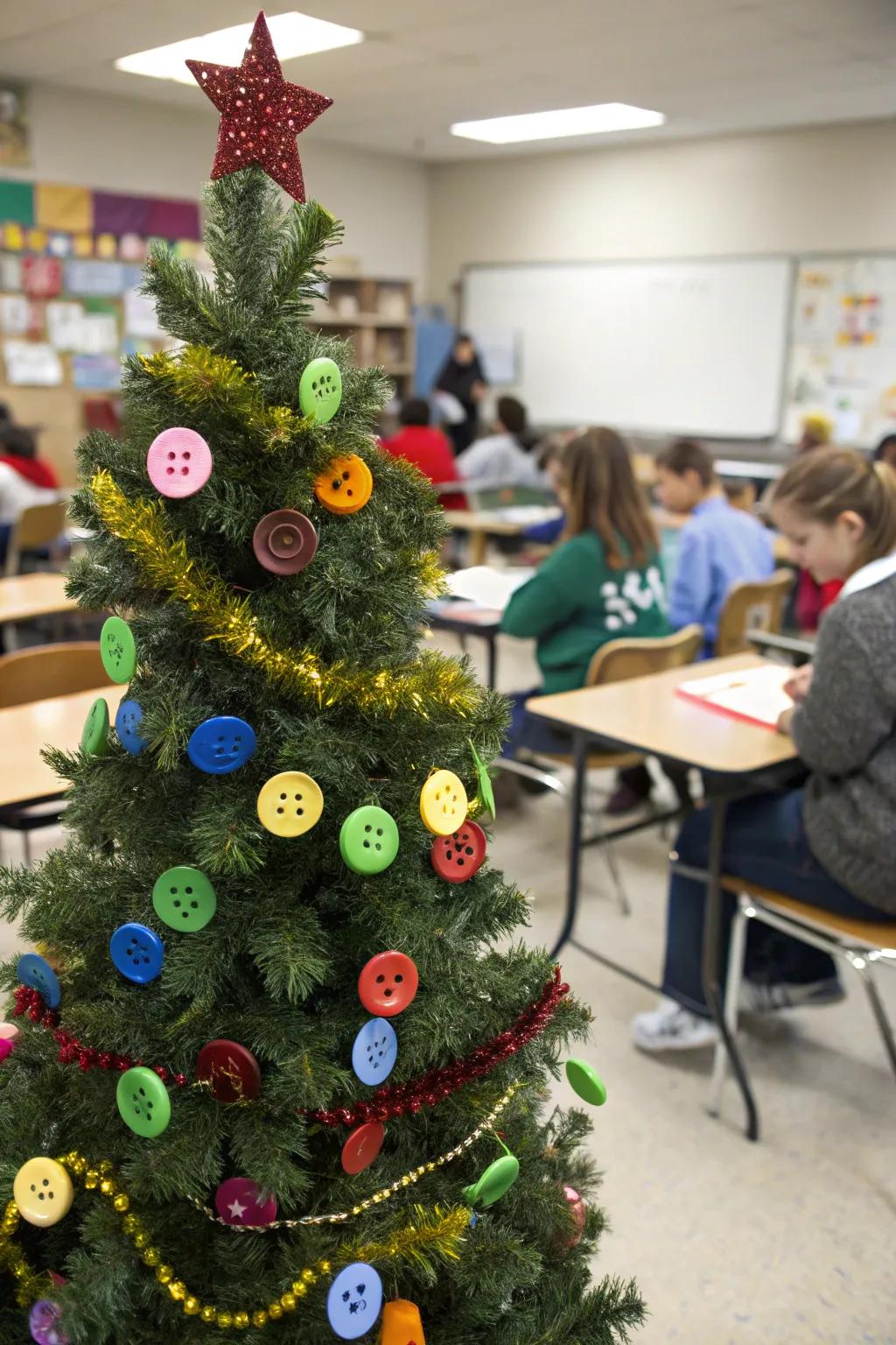 A button bauble holiday tree showcasing vibrantly hued decorations