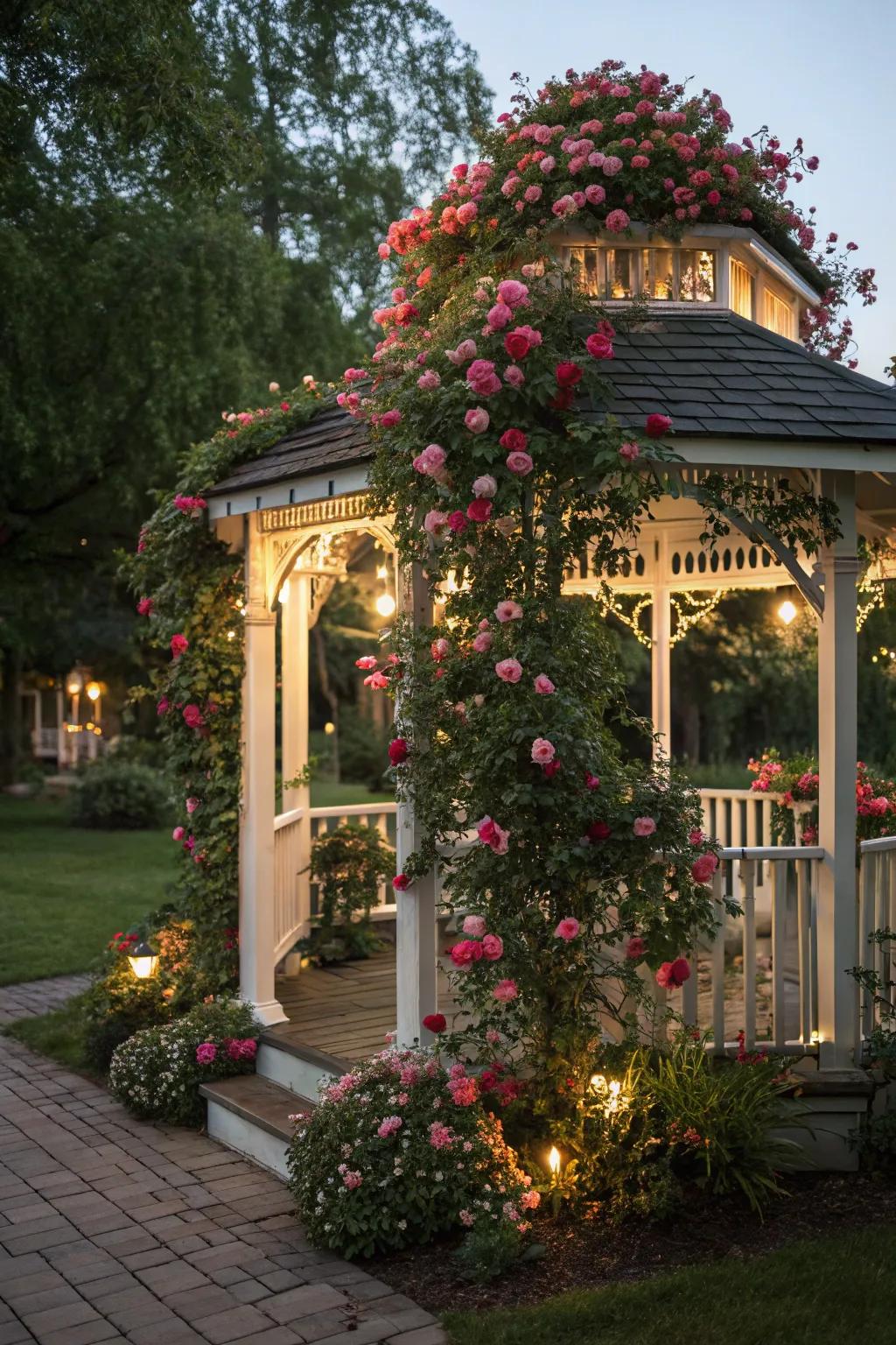 Create a fairy tale setting with a rose-draped gazebo.