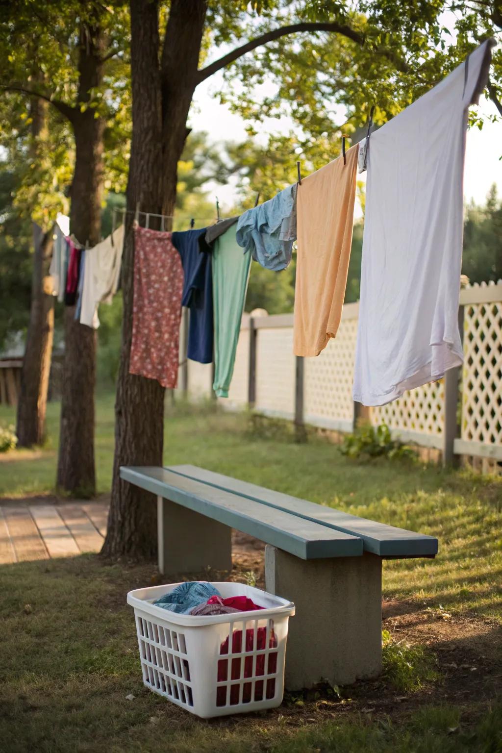 Functional and convenient: a clothesline with an integrated bench.
