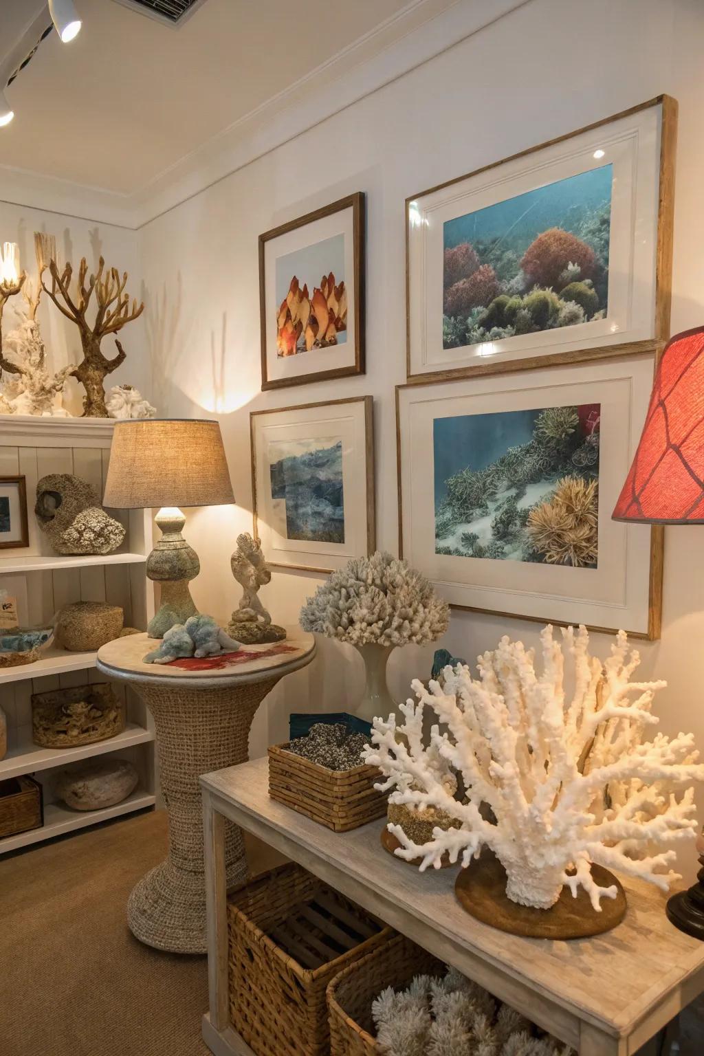 Coral decor injecting elegance and playfulness into the space.