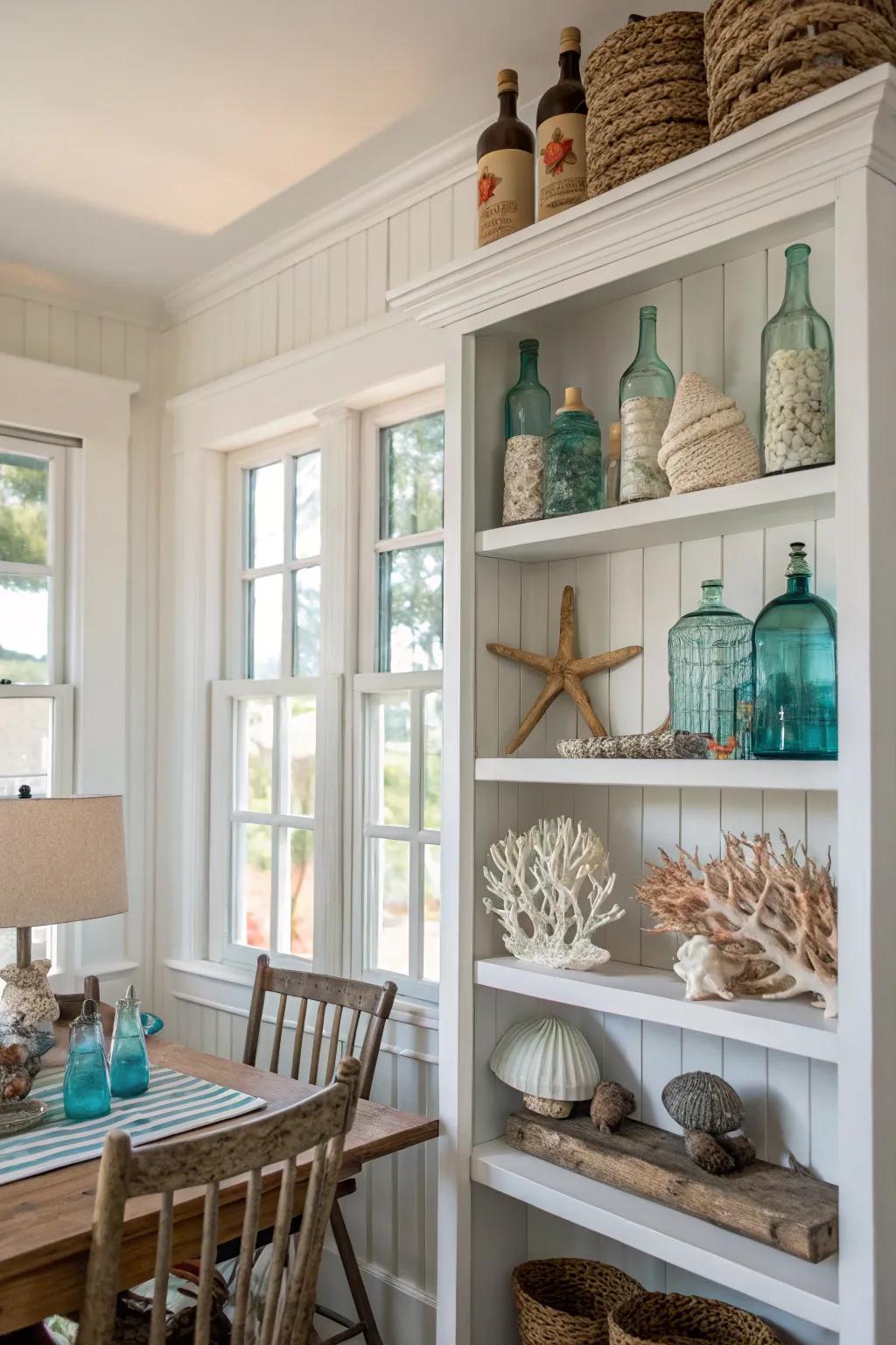 Exposed shelving showcases seaside treasures beautifully.