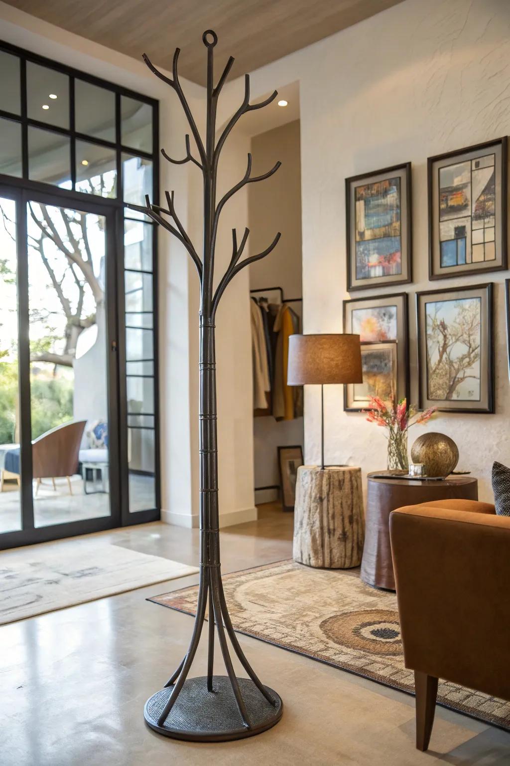 A metallic arboreal coat display, serving dually as an artistic sculpture within the abode.