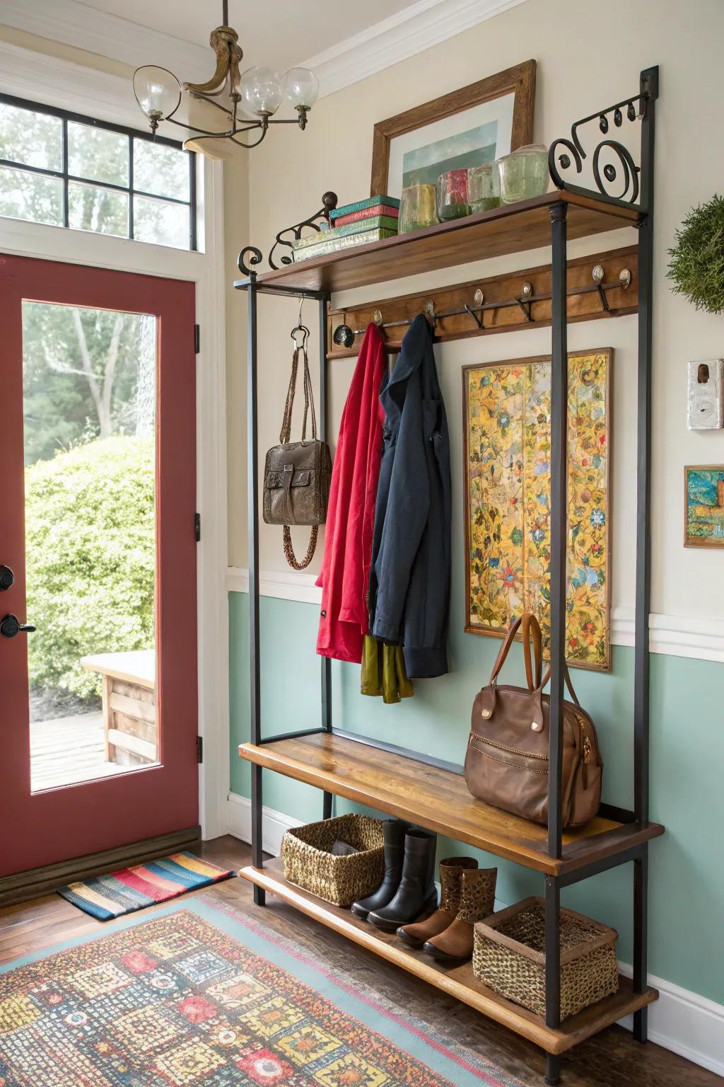 An eclectic coat rack that features a dynamic mix of materials for a vibrant look.