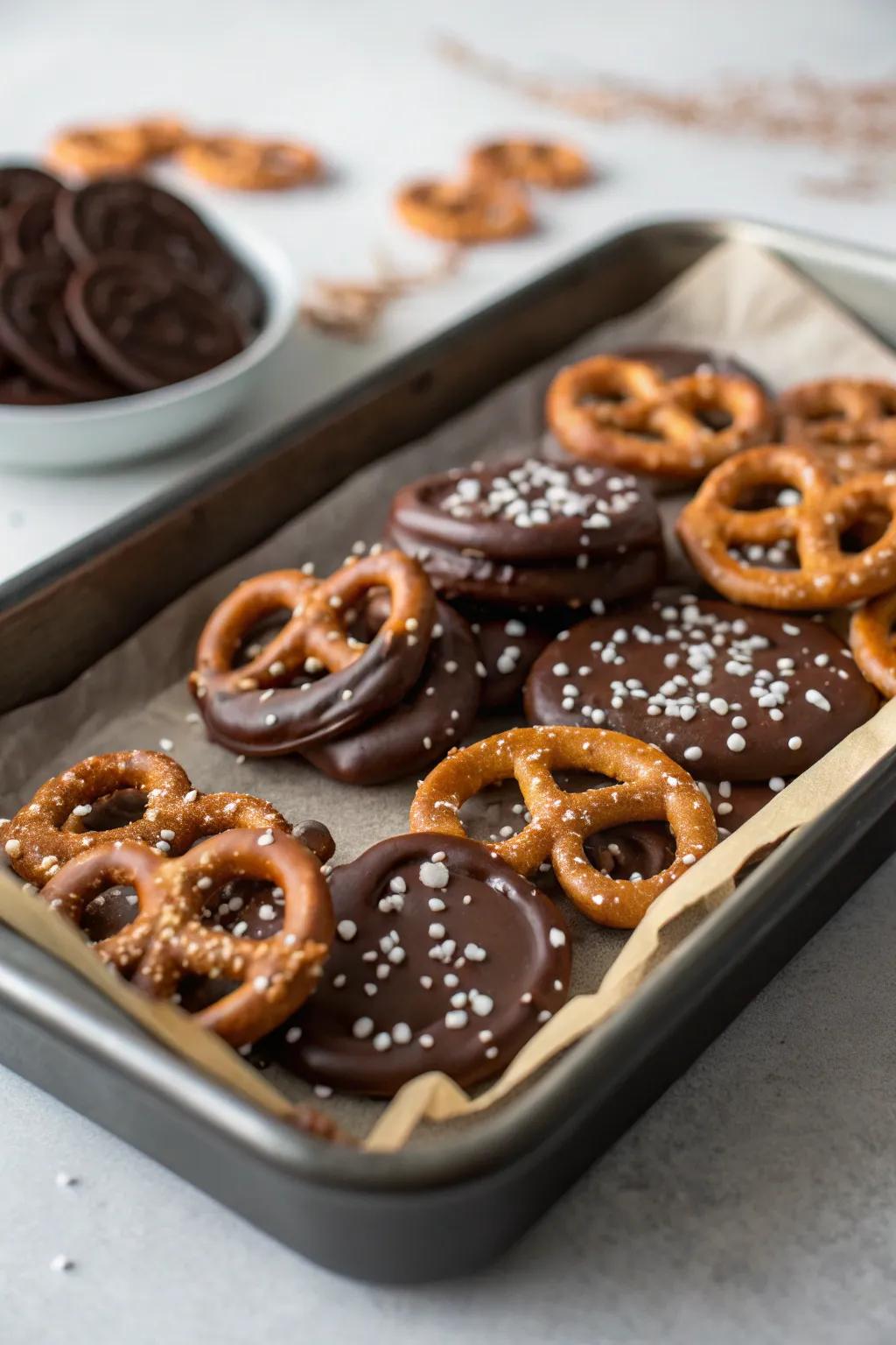 Cocoa-covered pretzels, a perfect sweet and salty snack.