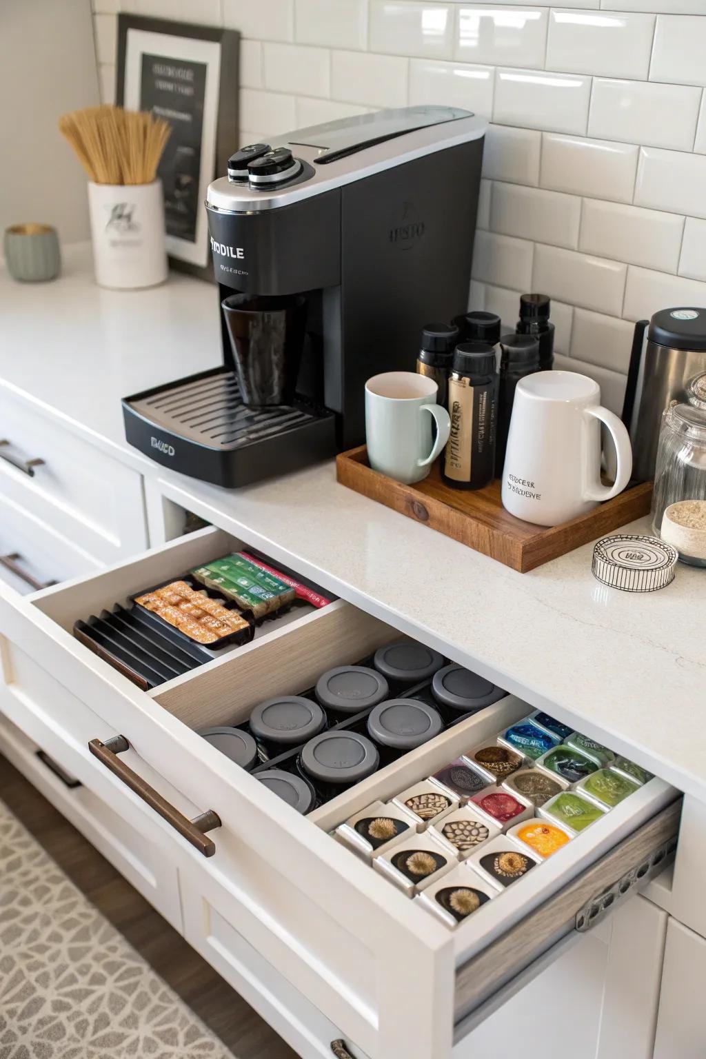 Concealed preservation maintains coffee must-haves hidden.