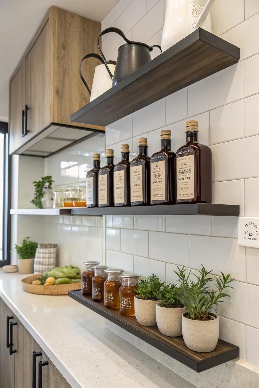 Hanging shelves provide extra area for syrups and decor.