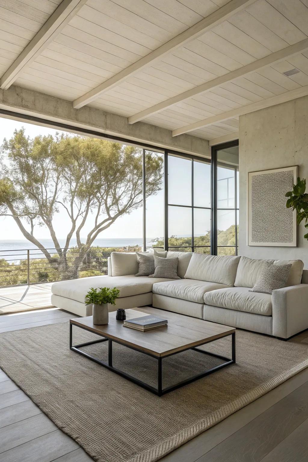 A low-profile center table enhances the spaciousness of a minimalist lounge.