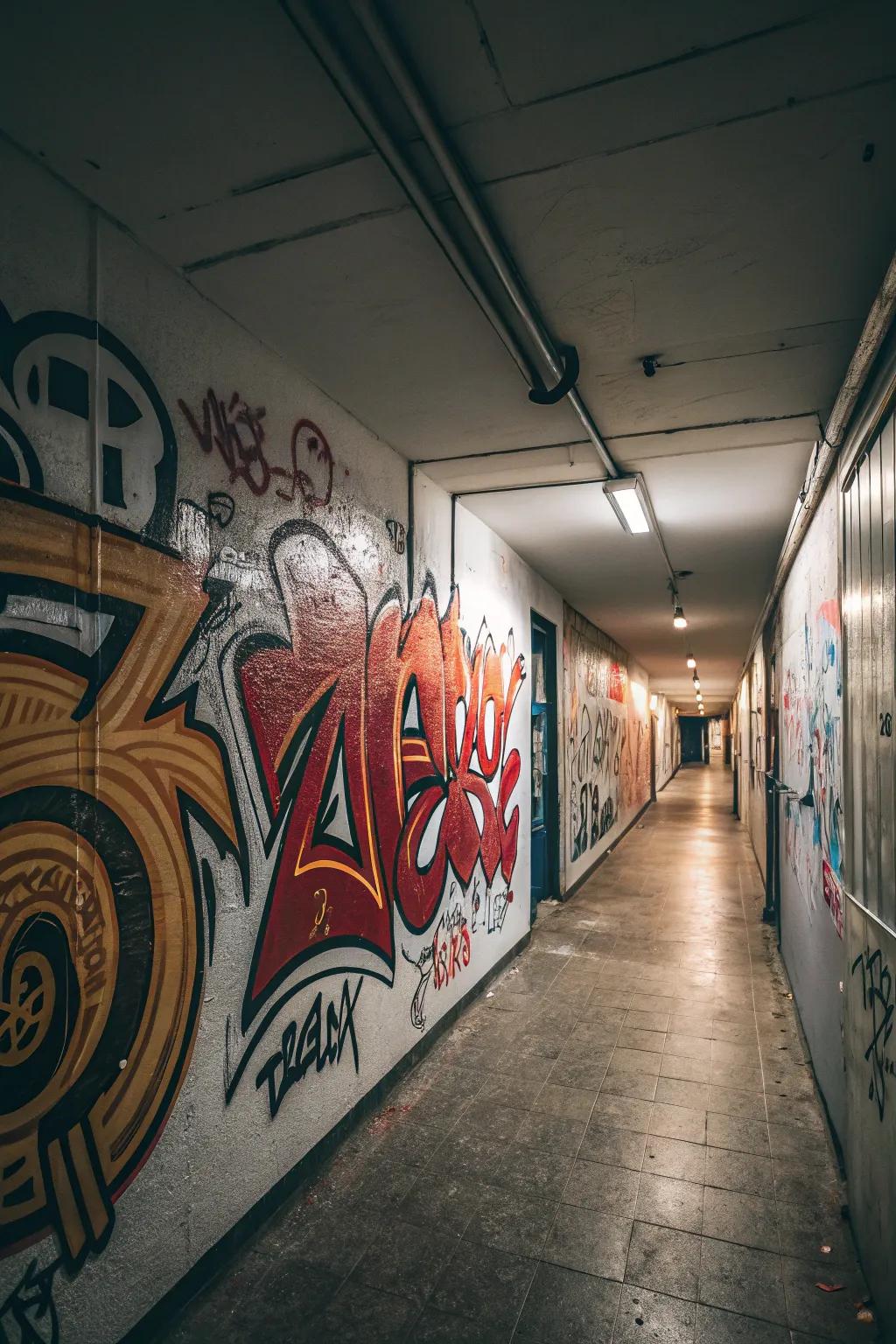 A hallway wall featuring graffiti with reflective and lustrous touches.