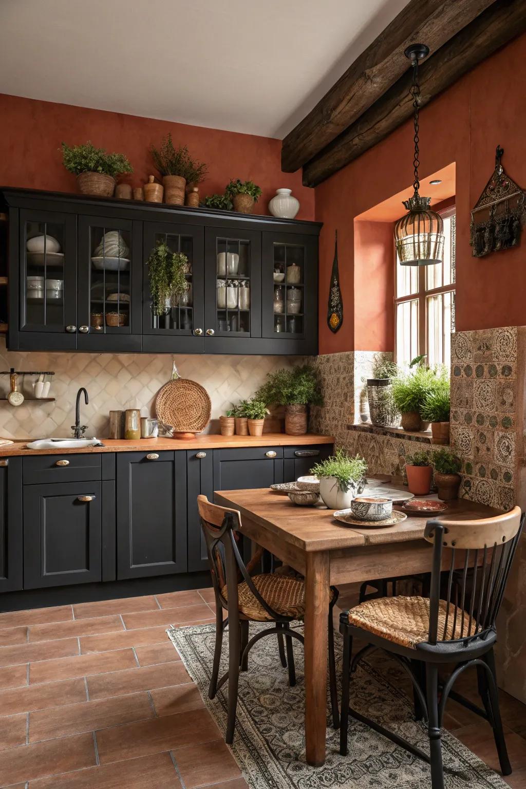 Dark cabinets set against red clay walls for a warm and inviting kitchen ambiance.