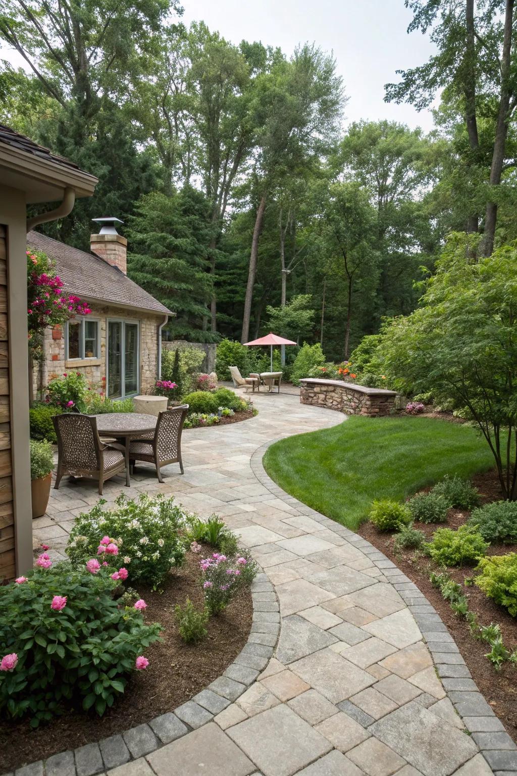 Hardscaping elements like stone patios infuse charm and utility into your garden.
