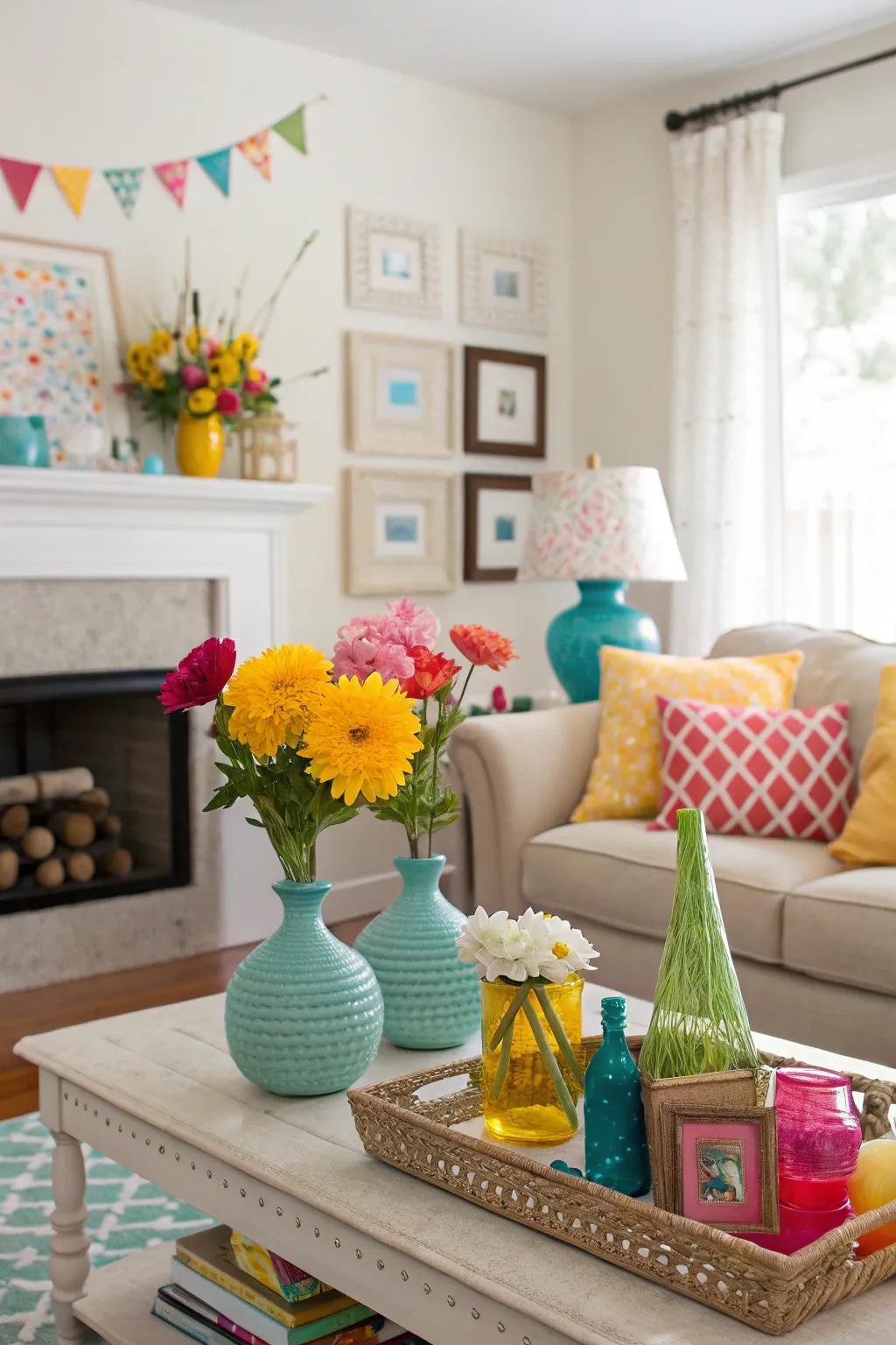 Unexpected bursts of color add a sprinkle of joy to this bright living room.