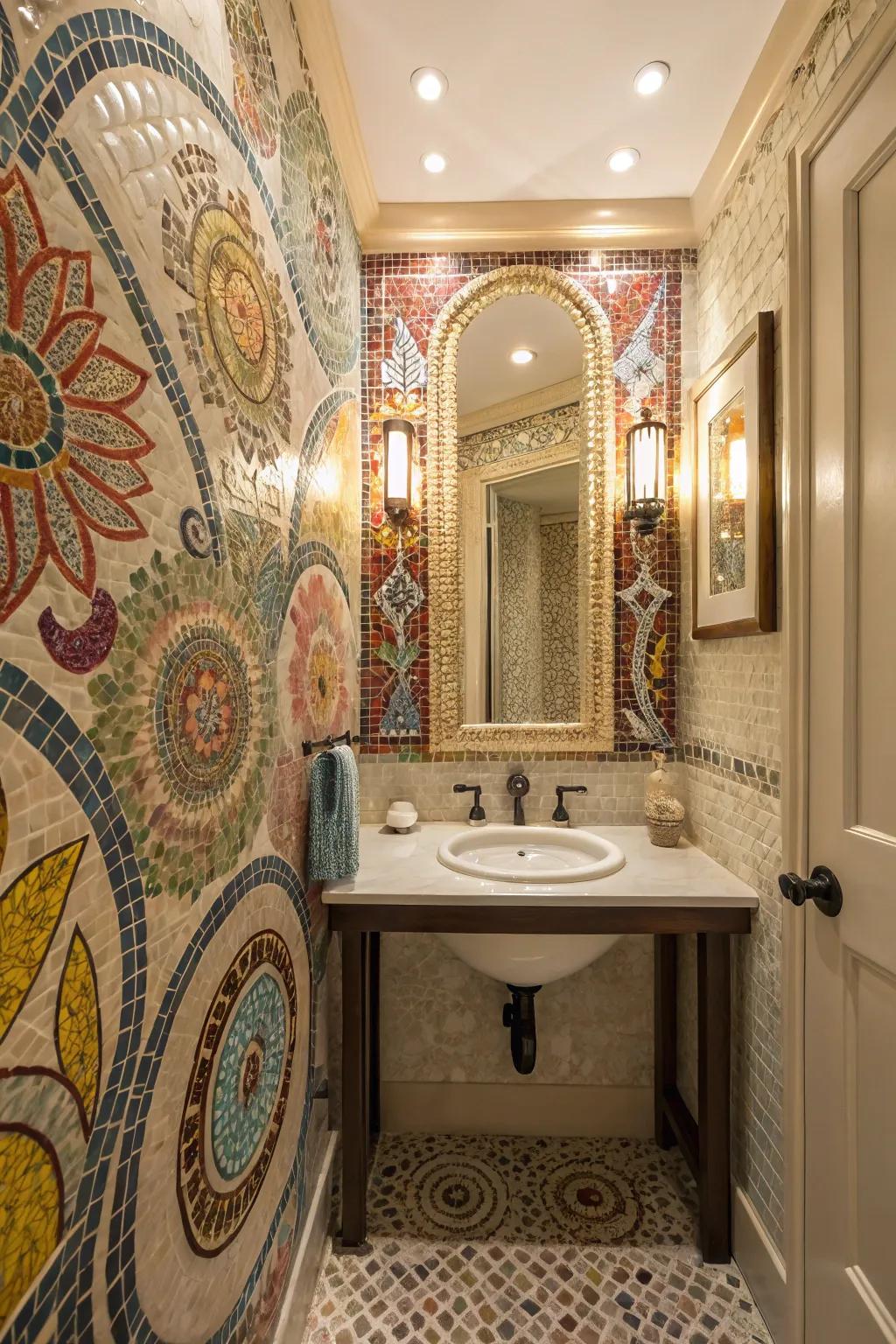 Artistic mosaic tiles contribute a creative touch to this guest bathroom.