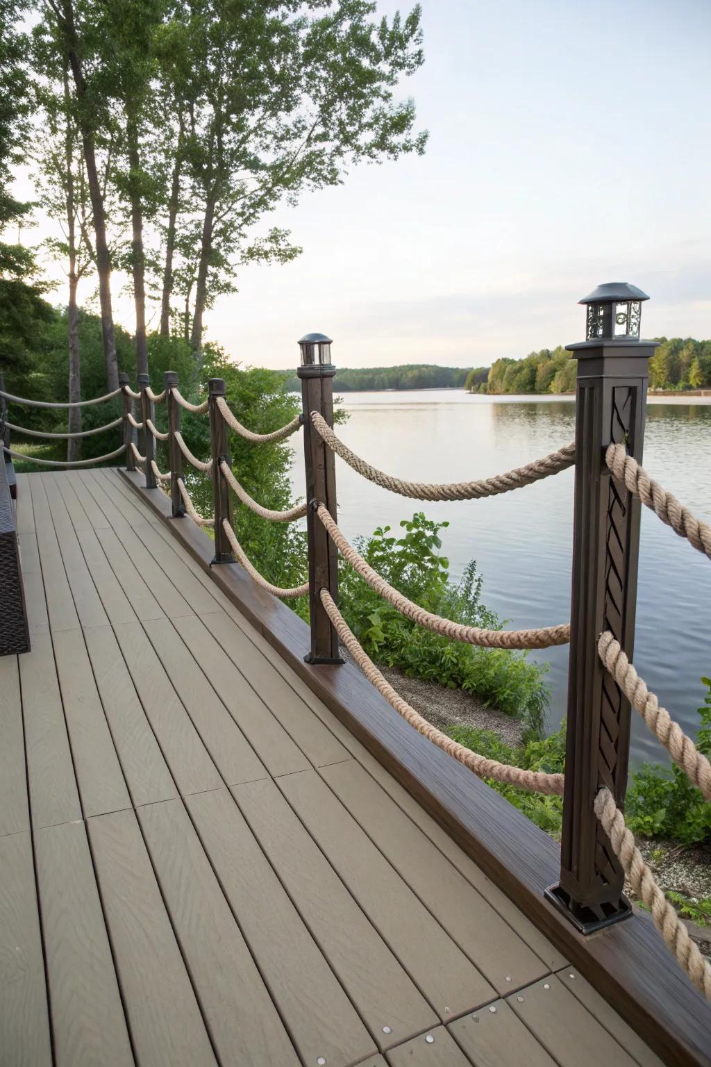 Rope embellishments contribute a nautical and rustic appeal to deck borders.