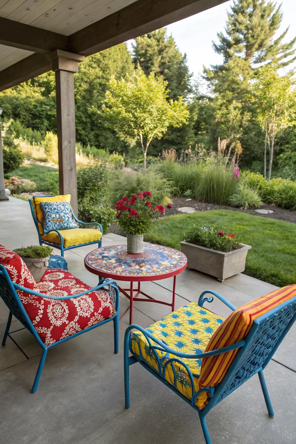 Bright furniture introduces a lively element to your patio.