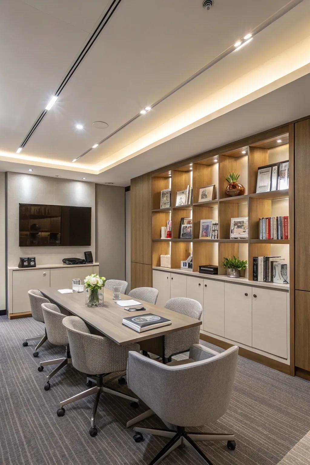 Astute storage remedies sustain the conference room unencumbered.