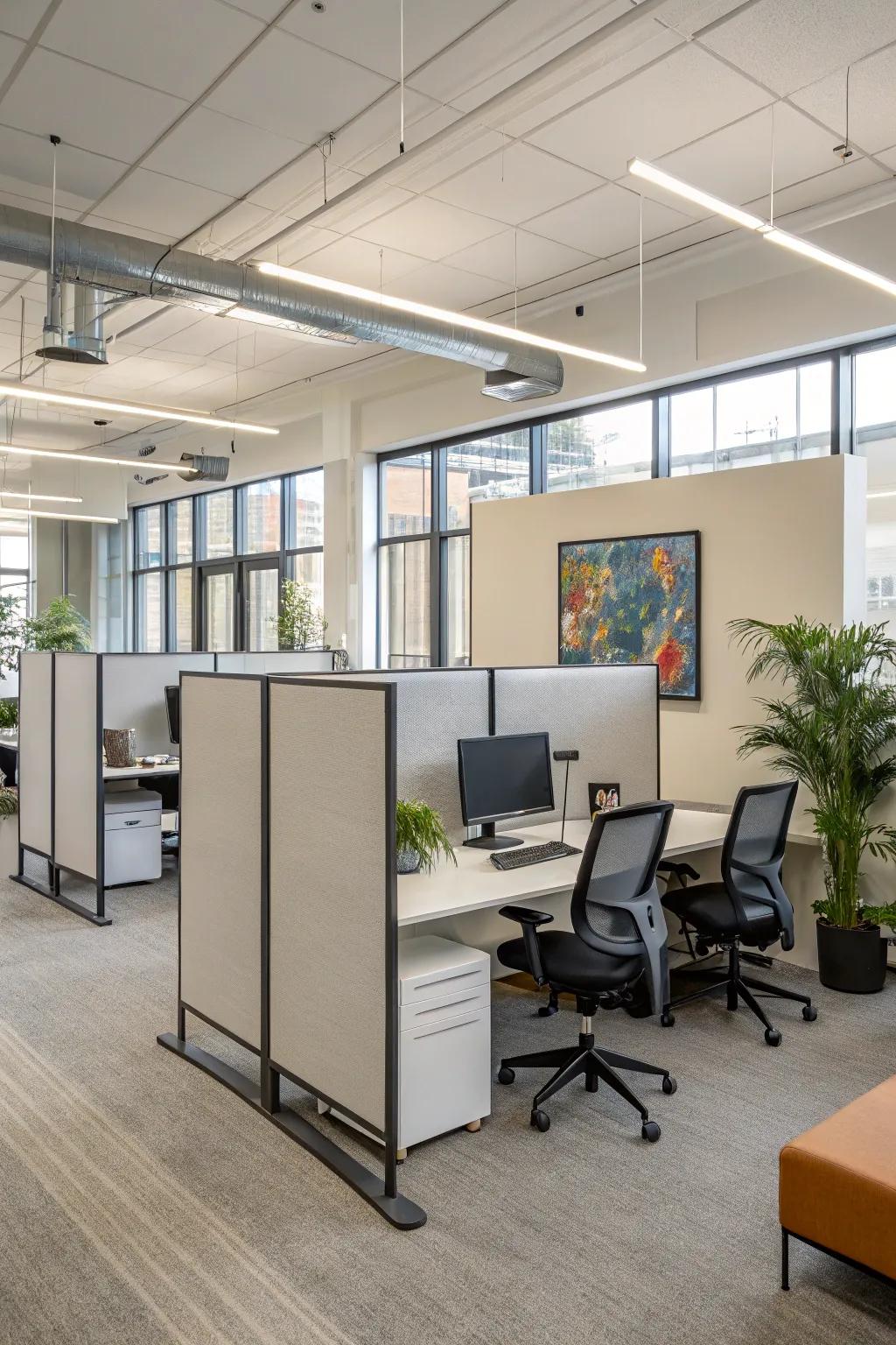 Moveable partitions providing flexibility in an office design.