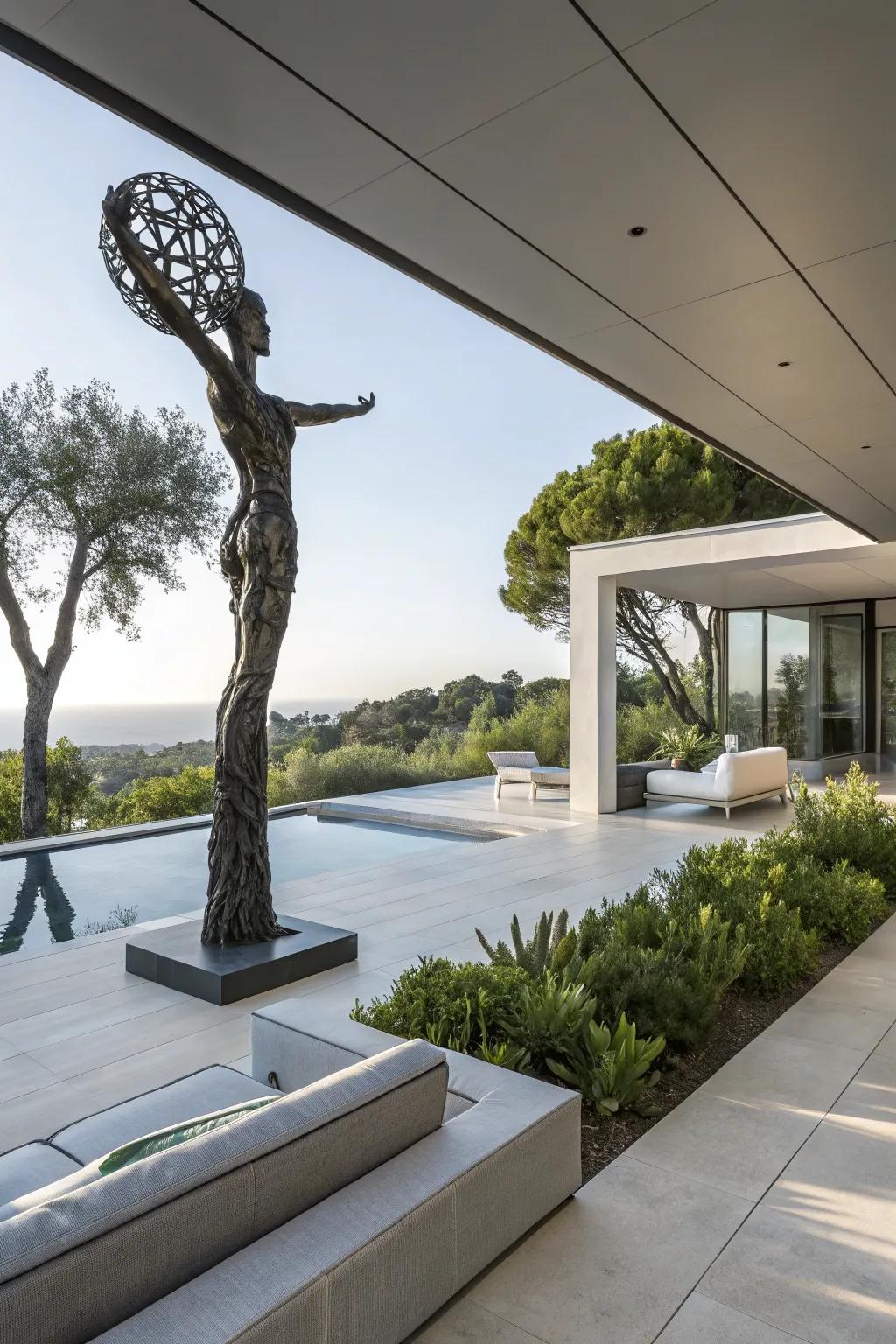 Innovative sculpture acting as a striking focal point on a patio.