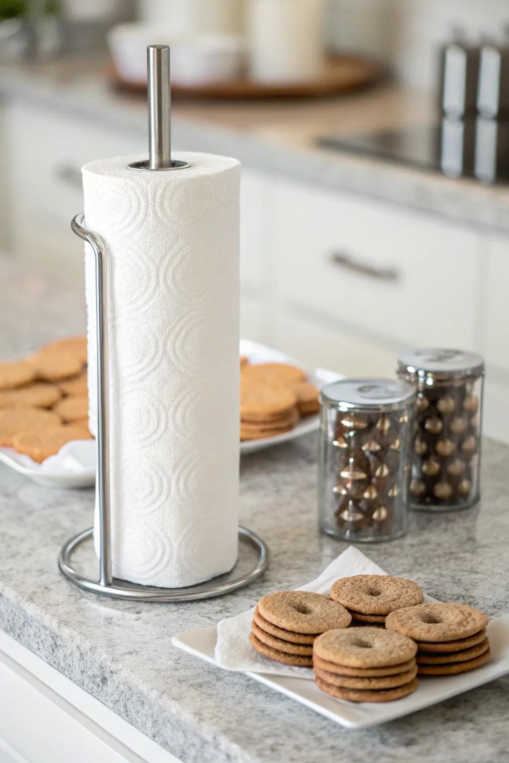 Cookie cutters stacked on a paper towel holder for easy access.