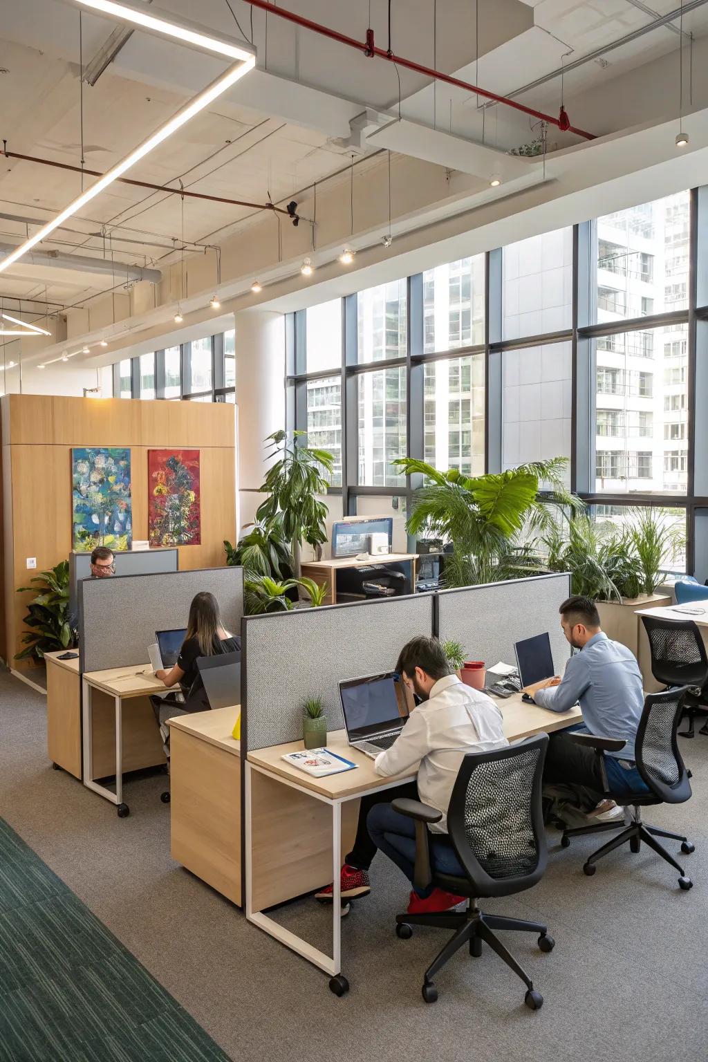 An office that features adaptable layouts and versatile furnishings.