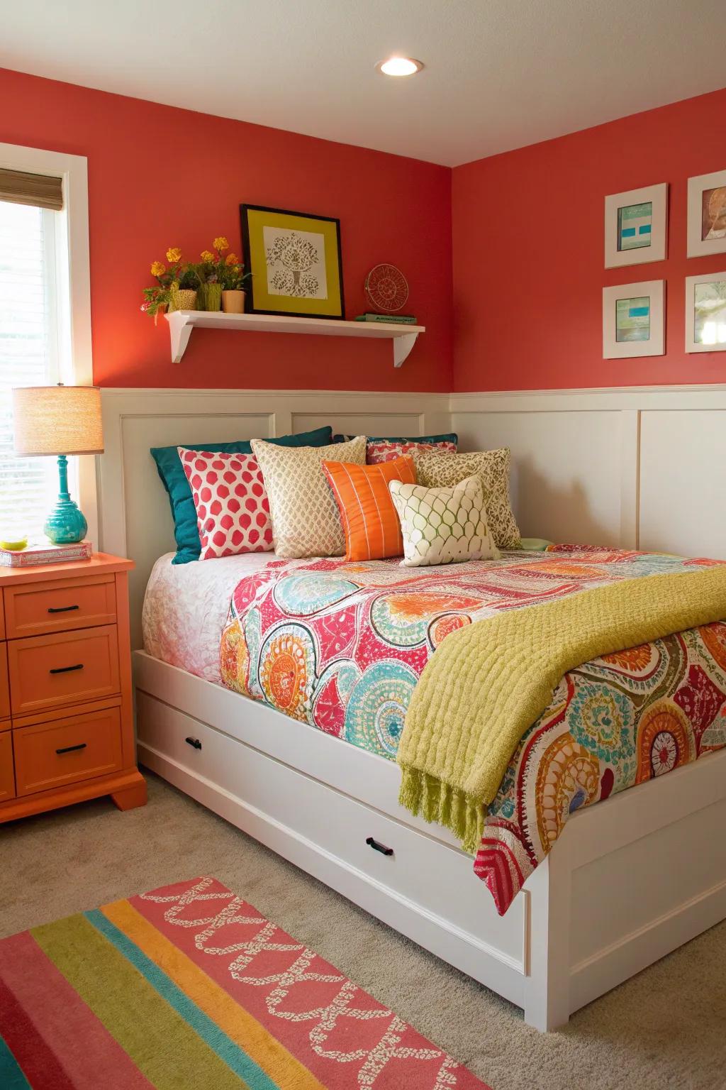 A burst of color brightens up a corner bed setting.