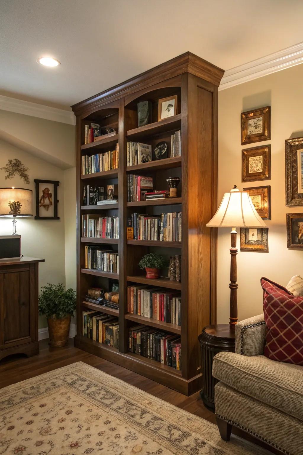 A tall bookshelf optimizes the corner's vertical space for both storage and presentation.