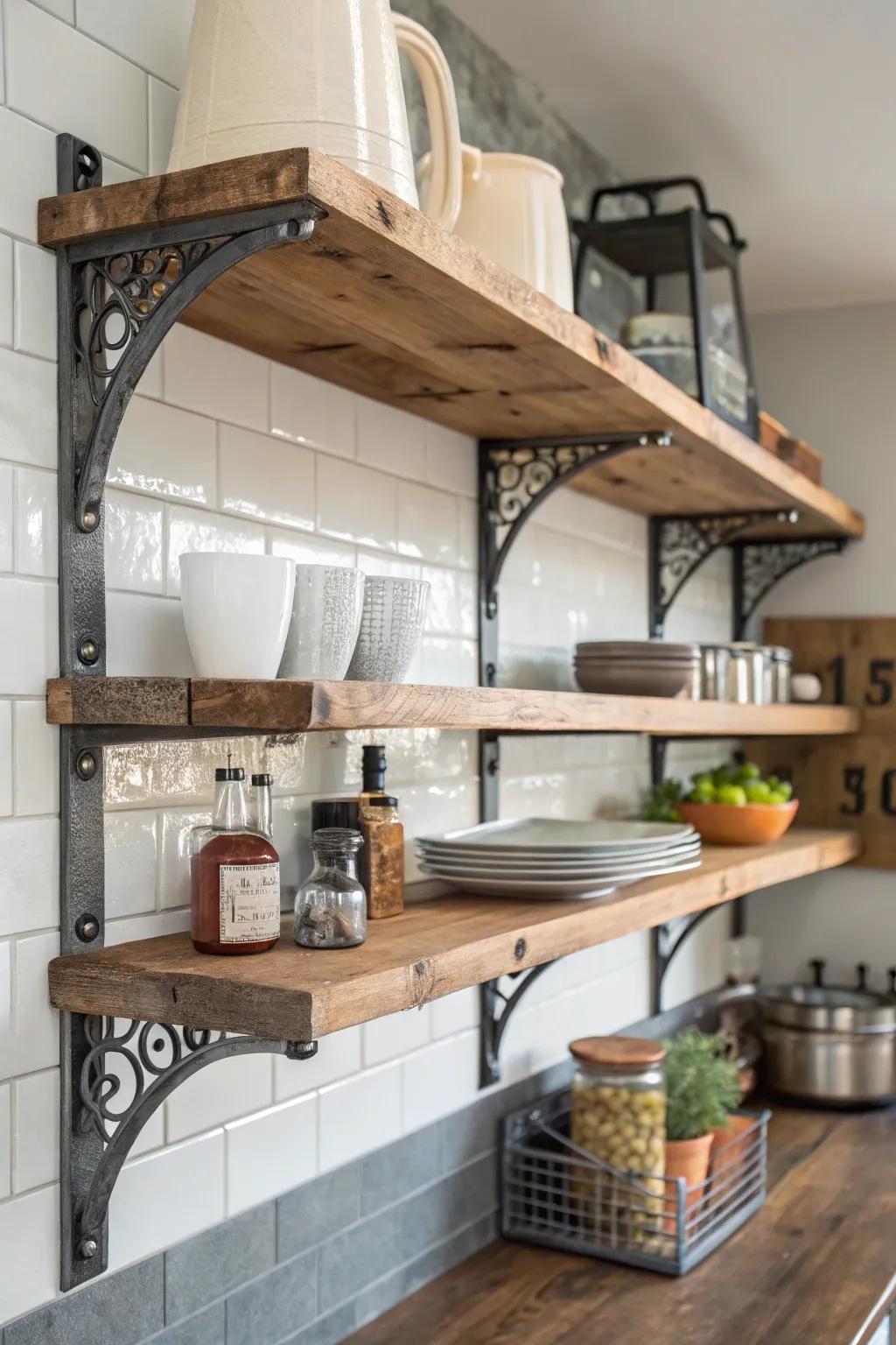 An industrial influence with metal and wood creates a daring kitchen atmosphere.