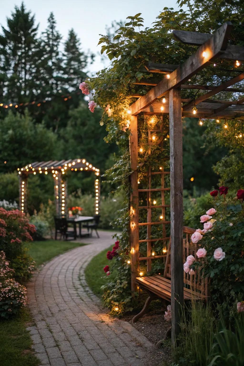 A trellis beautifully illuminated by fairy lights, creating evening enchantment.