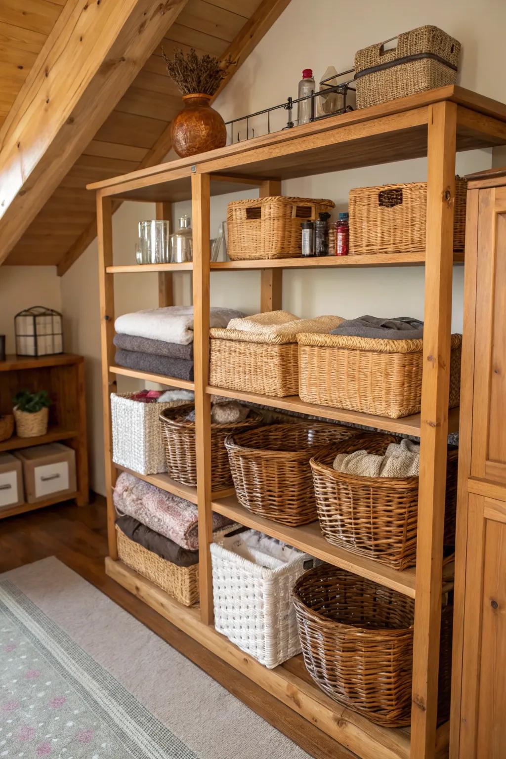 A space where wicker baskets contribute both utility and flair.