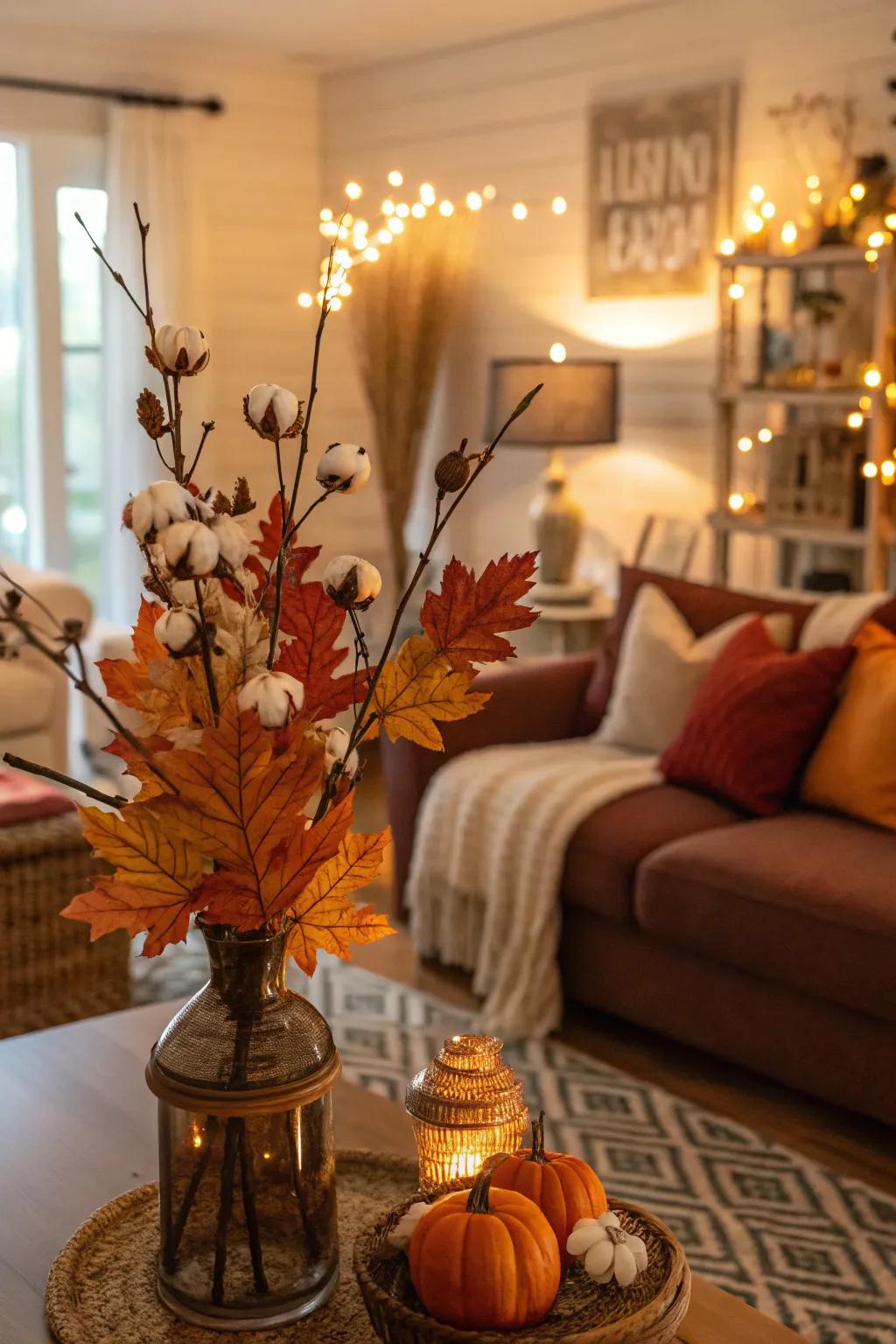 An autumn ambiance created with cotton stems and leaves.